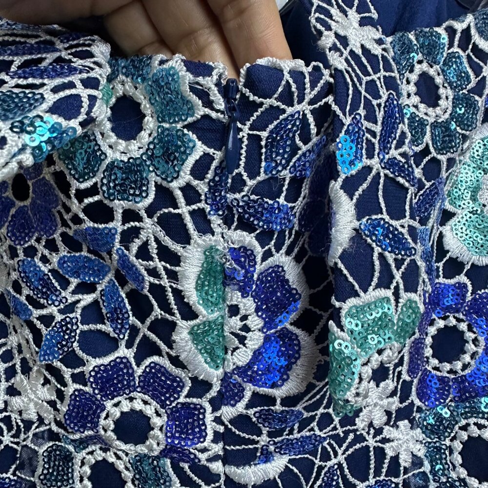 Dress the Population Blue White Floral Backless Lace Midi Dress - Picture 13 of 14